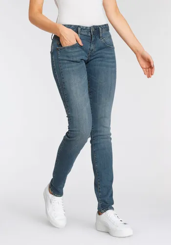Slim-fit-Jeans HERRLICHER "GINA SLIM POWERSTRETCH" Gr. 25, Länge 32, blau (medium 055) Damen Jeans Röhrenjeans mit seitlichem Keileinsatz