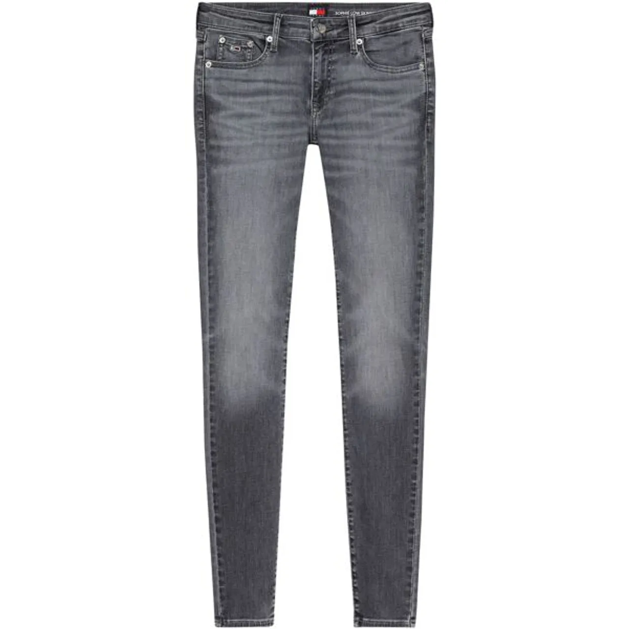 Slim-fit-Jeans TOMMY JEANS "Skinny Jeans Marken Low Waist Mittlere Leibhöhe" Gr. 32, Länge 32, schwarz (black2) Damen Jeans Röhrenjeans