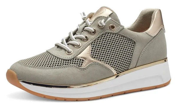 Slip-On Sneaker MARCO TOZZI Gr. 40, grün (hellkhaki kombiniert) Damen Schuhe Sneaker Keilsneaker, Schnürschuh, Slipper mit glänzenden Details