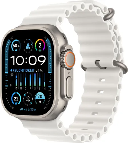 Smartwatch APPLE "Watch Ultra 2 GPS 49 mm + Cellular Titanium One-Size" Smartwatches weiß (titanium, white ocean) Fitness-Tracker Ocean Band Bestselle...