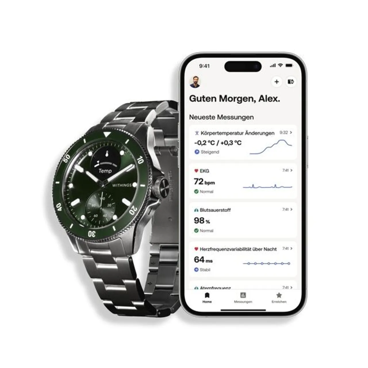 Smartwatch WITHINGS "ScanWatch Nova" Smartwatches grün (silber, grün) Fitness-Tracker EKG, Körpertemperaturmessung, Taucheruhr Design, 10 ATM