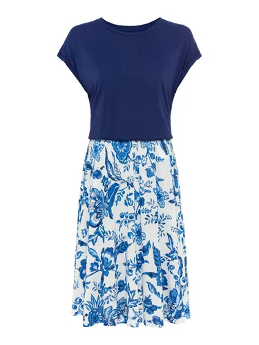 Sommerkleid LASCANA Gr. 42, N-Gr, blau (blau, creme bedruckt) Damen Kleider Strandkleider mit bedrucktem Rock, T-Shirtkleid, Strandkleid