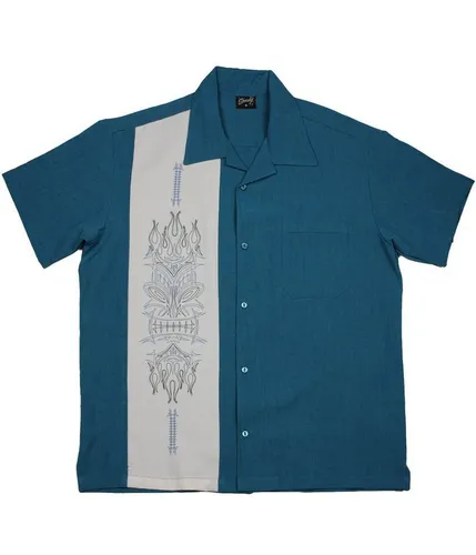 Steady Clothing Kurzarmhemd Pinstripe Tiki Pacific Blau Retro Vintage Bowling Shirt