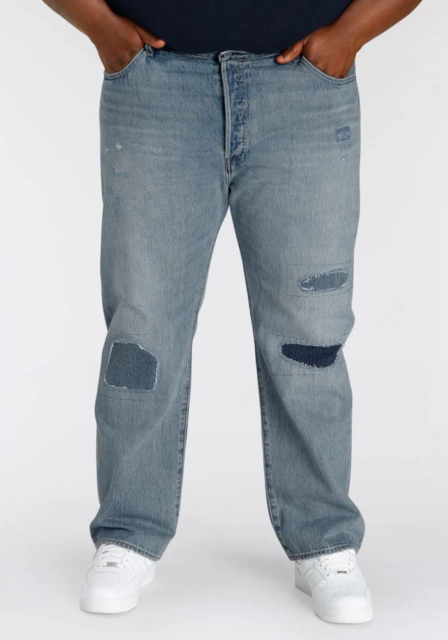 Straight-Jeans LEVI'S PLUS "501" Gr. 50, Länge 32, blau (light indigo destructed) Herren Jeans Straight Fit