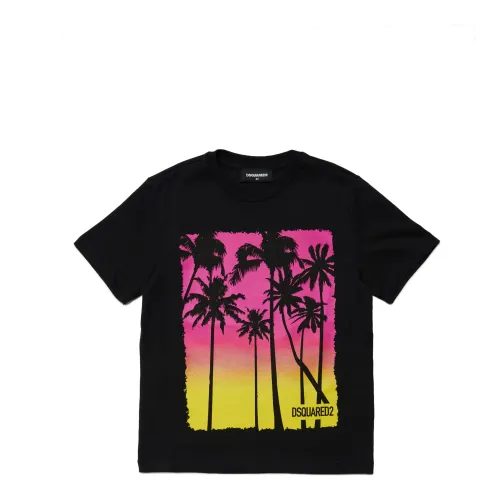 Strandprint T-Shirt aus Jersey,Kinder Schwarzes T-Shirt mit Druck Dsquared2