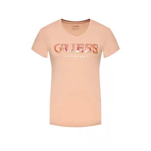 Stretch Logo Strass T-Shirt - Roses Guess