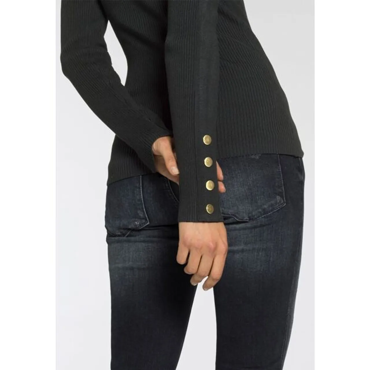 Strickpullover MELROSE Gr. 36, schwarz Damen Pullover Feinstrickpullover aus Rippqualität mit Knöpfen