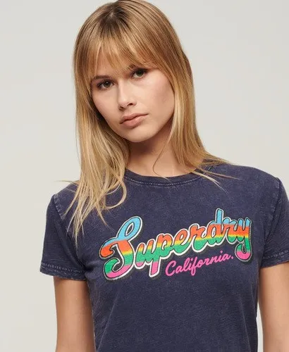 Superdry Damen Marineblau Figurbetontes T-Shirt mit Cali-Sticker und Logo-Druck