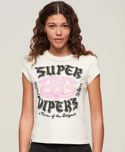 Superdry Damen Verziertes T-Shirt mit Poster-Print und Flügelärmeln Creme