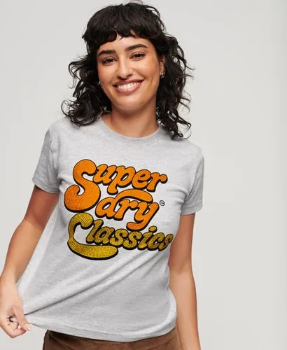 Superdry Women's 70er-Jahre-T-Shirt mit Schriftzug und Logo in Metallic-Optik Grau