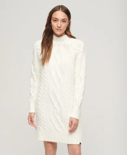 Superdry Women's Pulloverkleid mit Zopfmuster und Stehkragen Weiß