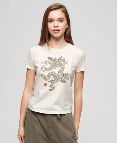 Superdry x Komodo Dragon Damen Creme Slim T-Shirt mit Grafikdruck