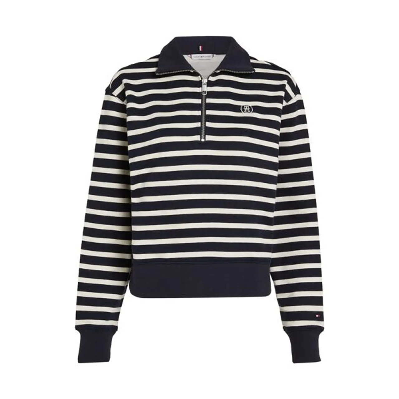 Sweater TOMMY HILFIGER "SMD BRETON STRIPE 1/2 ZIP HWK" Gr. L (40), blau (blue stripe) Damen Sweatshirts -jacken Polokragen mit Reißverschlusss, gestre...