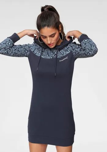 Sweatkleid KANGAROOS Gr. 32 (XS), N-Gr, blau (marine, gemustert) Damen Kleider Freizeitkleider mit schönem Print im Ärmel- und Brustbereich