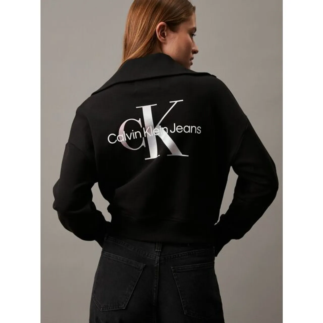 Sweatshirt CALVIN KLEIN JEANS "DIFFUSED MONOLOGO ZIP-THROUGH" Gr. XL (42), schwarz (ck black) Damen Sweatshirts -jacken mit Logoschriftzug