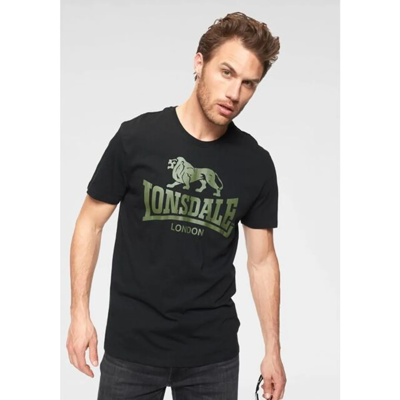 T-Shirt LONSDALE "BANGOR" Gr. S (44/46), grün (khaki, schwarz) Herren Shirts T-Shirts Bestseller