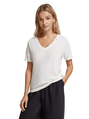 T-Shirt mit V-Ausschnitt aus besticktem Leinengemisch - Größe XL - Multicolor - Frau - T-Shirt - Scotch & Soda