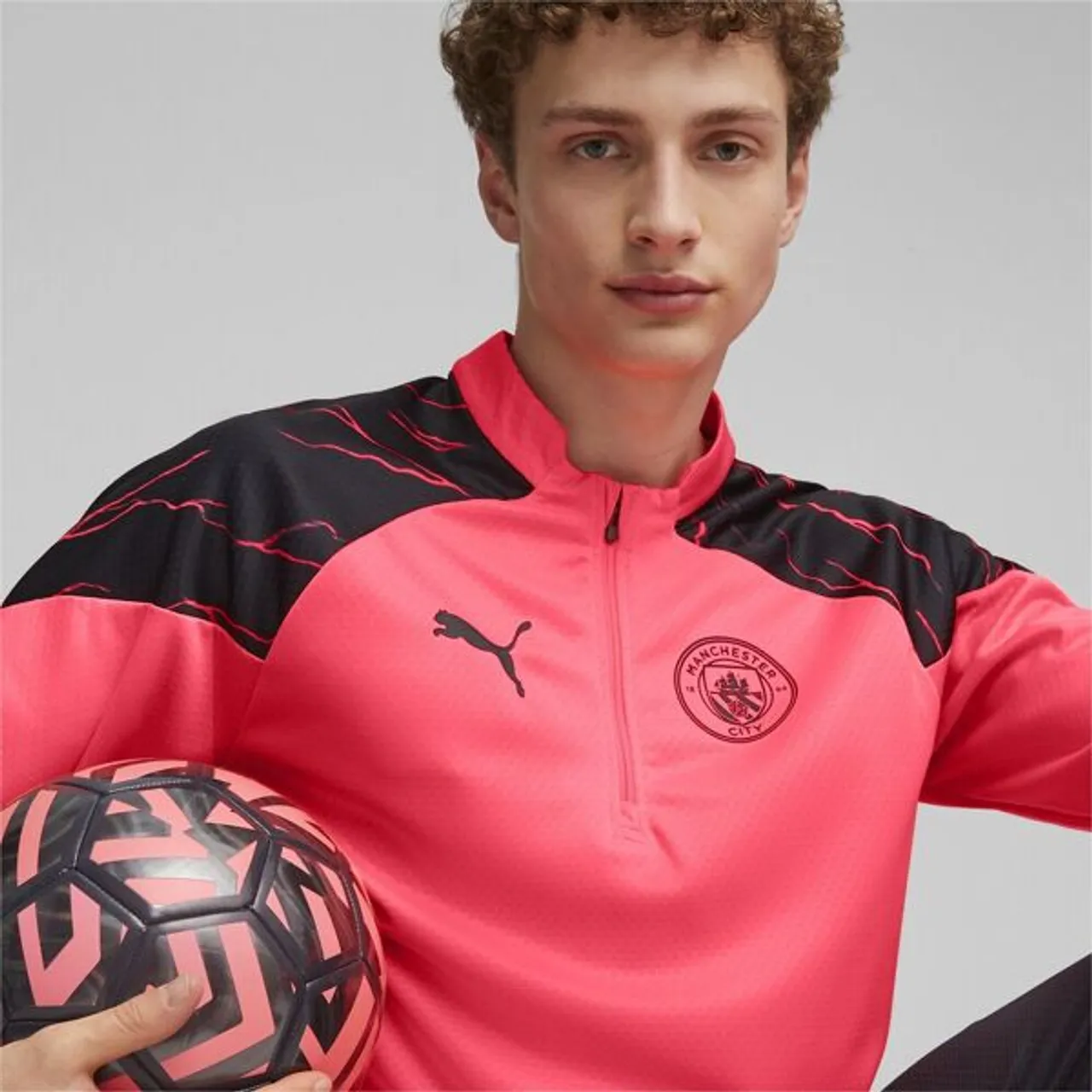T-Shirt PUMA "Manchester City Fußball-Trainings-Top mit Viertelreißverschluss" Gr. M, pink (sunset glow dark navy black) Herren Shirts Langarm