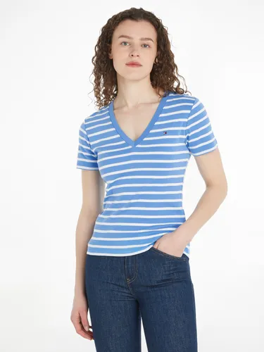 T-Shirt TOMMY HILFIGER Gr. M (38), blau (blue spell, ecru) Damen Shirts V-Shirts