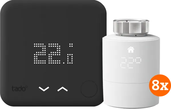 Tado Smart-Thermostat V3+ Schwarz Kabellos Starterpaket + 8 Thermostatköpfe