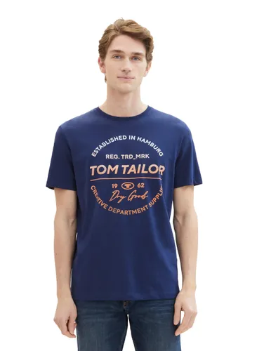 TOM TAILOR Herren Basic Crewneck T-Shrt mit Logo-Print aus