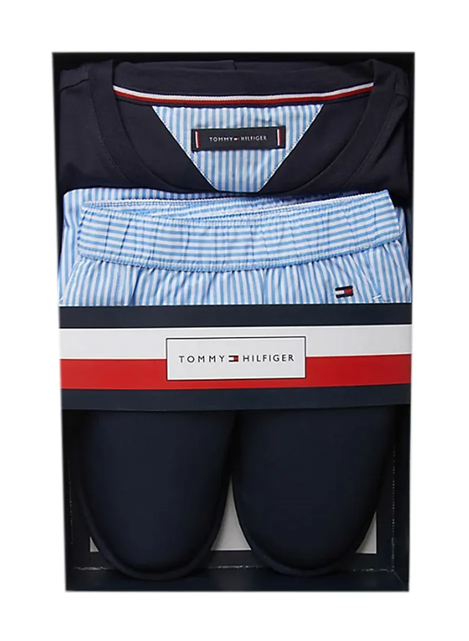 Tommy Hilfiger Herren Pyjama Set + Slipper blau Jersey-Baumwolle Gestreift,unifarben
