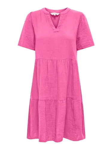 Tunikakleid ONLY "ONLTHYRA LIFE SS V-NECK DRESS WVN CS" Gr. M (38), N-Gr, rot (strawberry moon) Damen Kleider Shirtkleider mit Volant