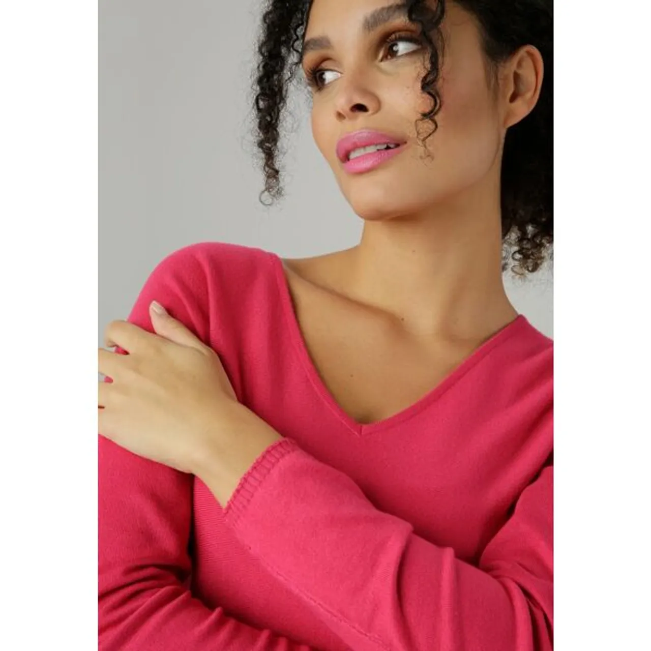 V-Ausschnitt-Pullover ANISTON SELECTED Gr. 46, pink Damen Pullover Feinstrickpullover Bestseller