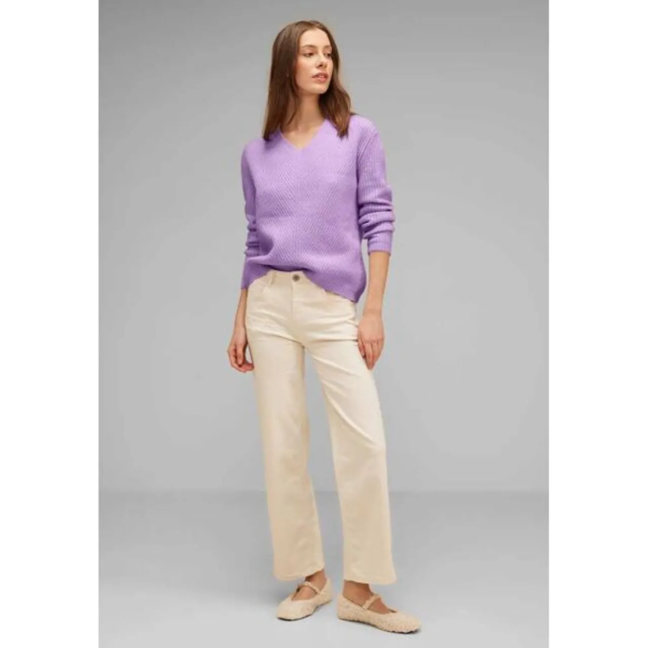 V-Ausschnitt-Pullover STREET ONE Gr. 42, lila (soft pure lilac melange) Damen Pullover V-Pullover mit V-Ausschnitt