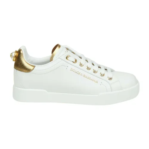 Weiß/Gold Portofino Leder Sneakers Dolce & Gabbana