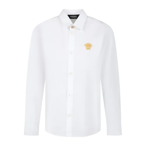 Weiße Baumwoll-Langarmshirt mit goldenem Medusa-Stickerei Versace