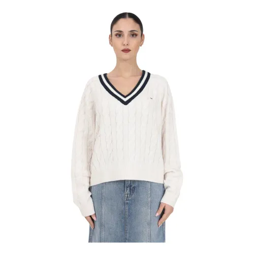 Weiße Baumwoll-V-Ausschnitt-Pullover mit Zopfmuster für Damen Tommy Jeans