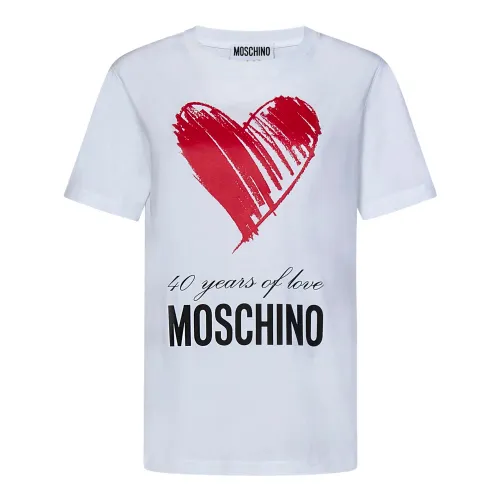 Weiße T-Shirts und Polos mit rotem Herzdruck Moschino
