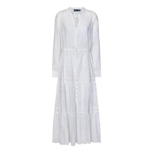 Weiße V-Ausschnitt Kleid mit Kordelzug Taille Polo Ralph Lauren