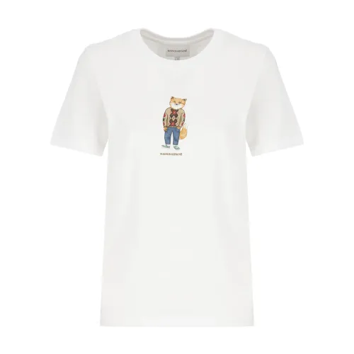 Weißes Baumwoll-T-Shirt mit Dressed Fox Print,Logo-Print Baumwoll T-Shirt Maison Kitsuné