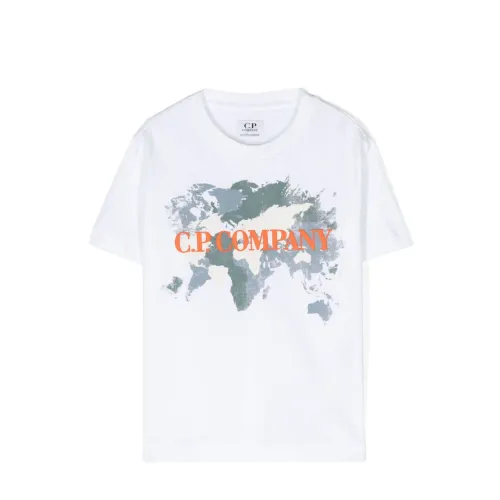 Weißes T-Shirt mit Druckdetail und orangem Logo C.p. Company