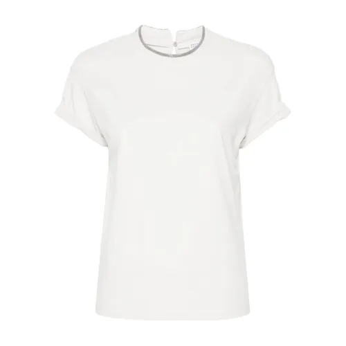 Weißes T-Shirt mit Strass verziertem Rundhalsausschnitt Brunello Cucinelli