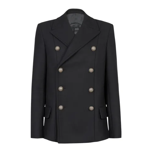 Wool pea coat with double-breasted silver-tone buttoned fastening Balmain