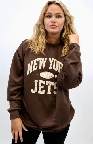 Worldclassca Longsweatshirt Worldclassca Damen Mädchen Oversized Sweatshirt Lounge Homewear Sweater Shirt Bedruckt Schriftzug NEW YORK JETS College Un...