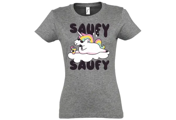Youth Designz Print-Shirt SAUFY SAUFY Einhorn Damen T-Shirt mit Fun-Look Unicorn Aufdruck und lustigem Spruch