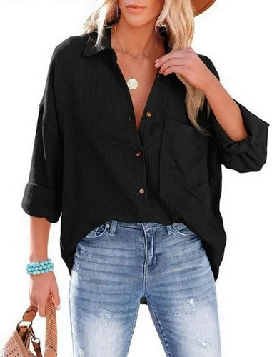 ZWY Hemdbluse Bluse Damen Lässiges Hemd mit V-Ausschnitt Lockere Passform Solide