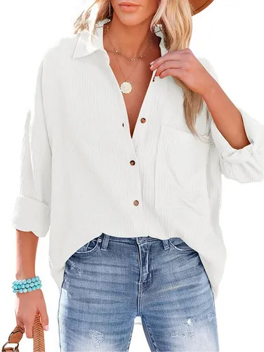 ZWY Hemdbluse Bluse Damen Lässiges Hemd mit V-Ausschnitt Lockere Passform Solide