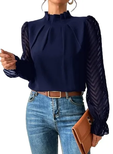 ZWY Langarmshirt Damen-Hemd mit langen Ärmeln, Puffärmeln und Stehkragen Patchwork Sommerhemd