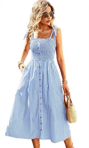 ZWY Maxikleid Damen-Slip-Kleid, lässiges Streifenkleid mit Knöpfen